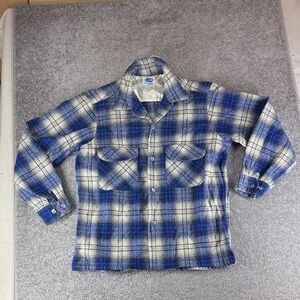 Vtg Pilgrim Sears 100% Virgin Wool Plaid Button Up Shirt USA Made Mens 15 M Blue